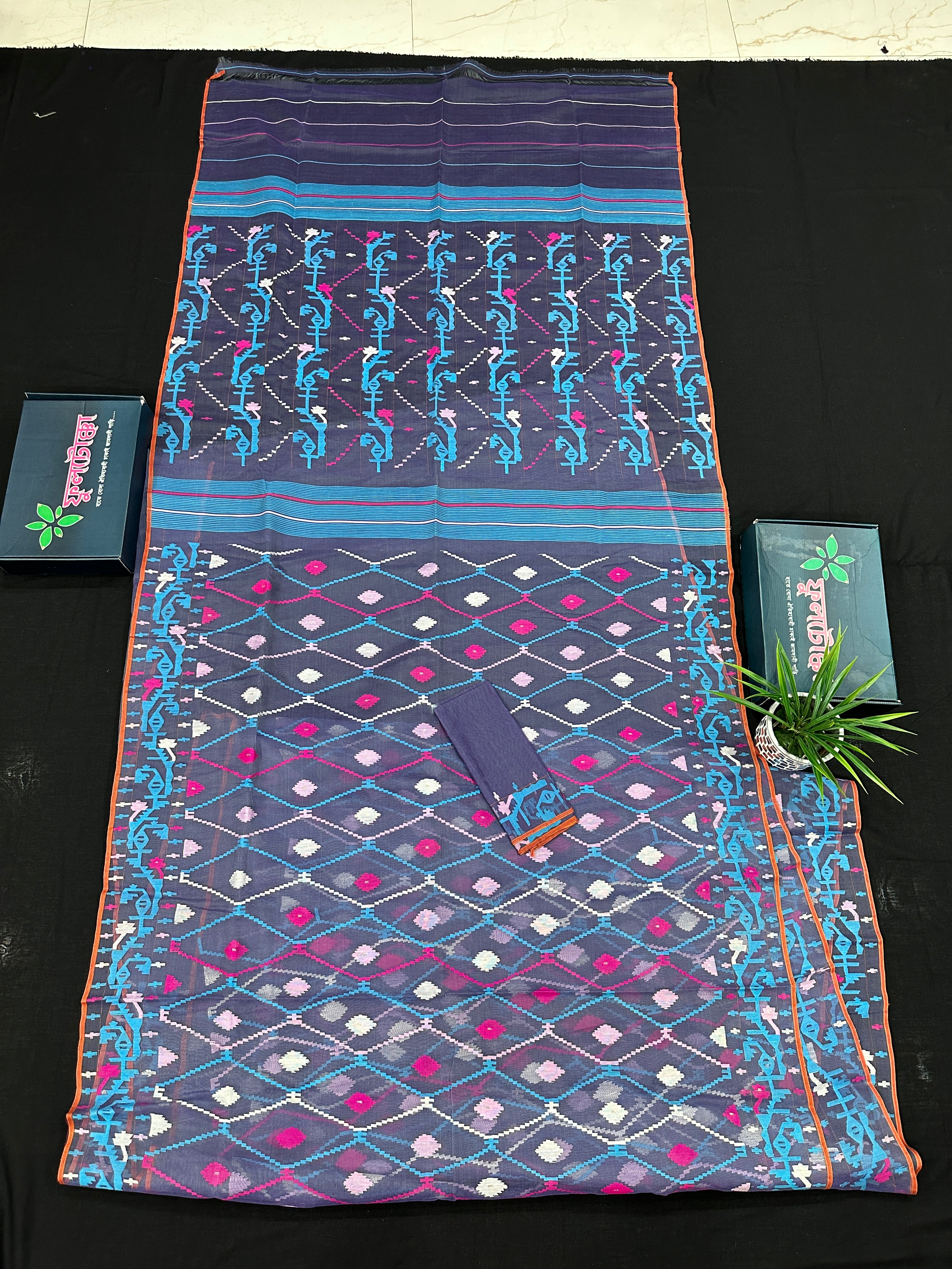 Purplish Blue dual toned jamdani saree with white pink blue threads work & blouse piece.