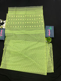 Olive Green Original Handloom Halfsilk Dhakai Jamdani Saree With Self Threads Work & Golden Jori Work