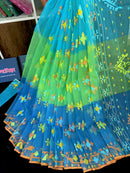Tripple shaded halfsilk jamdani saree with yellow blue orange threads work.