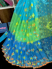 Tripple shaded halfsilk jamdani saree with yellow blue orange threads work.