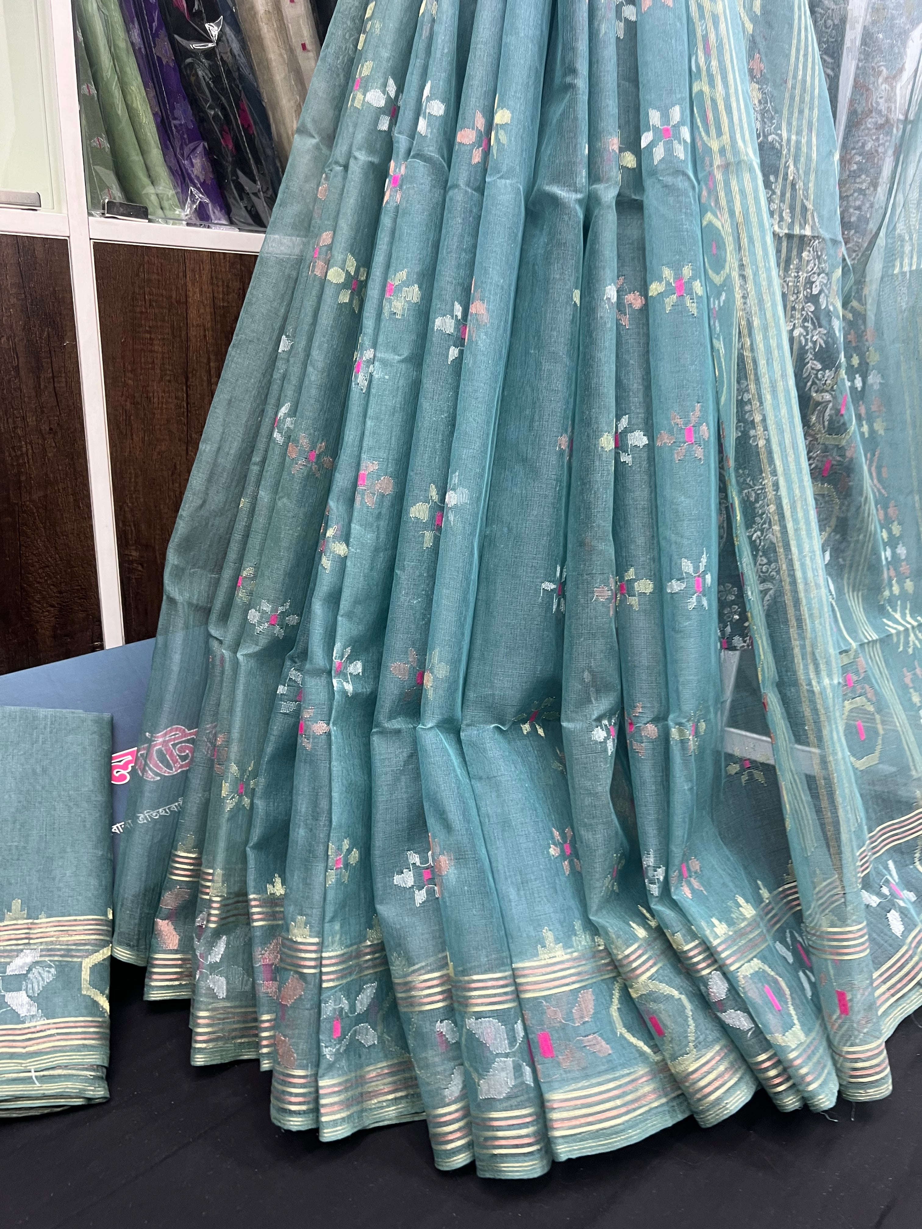 Surma ash halfsilk jamdani saree with golden silver & copper jori work and pink meena work