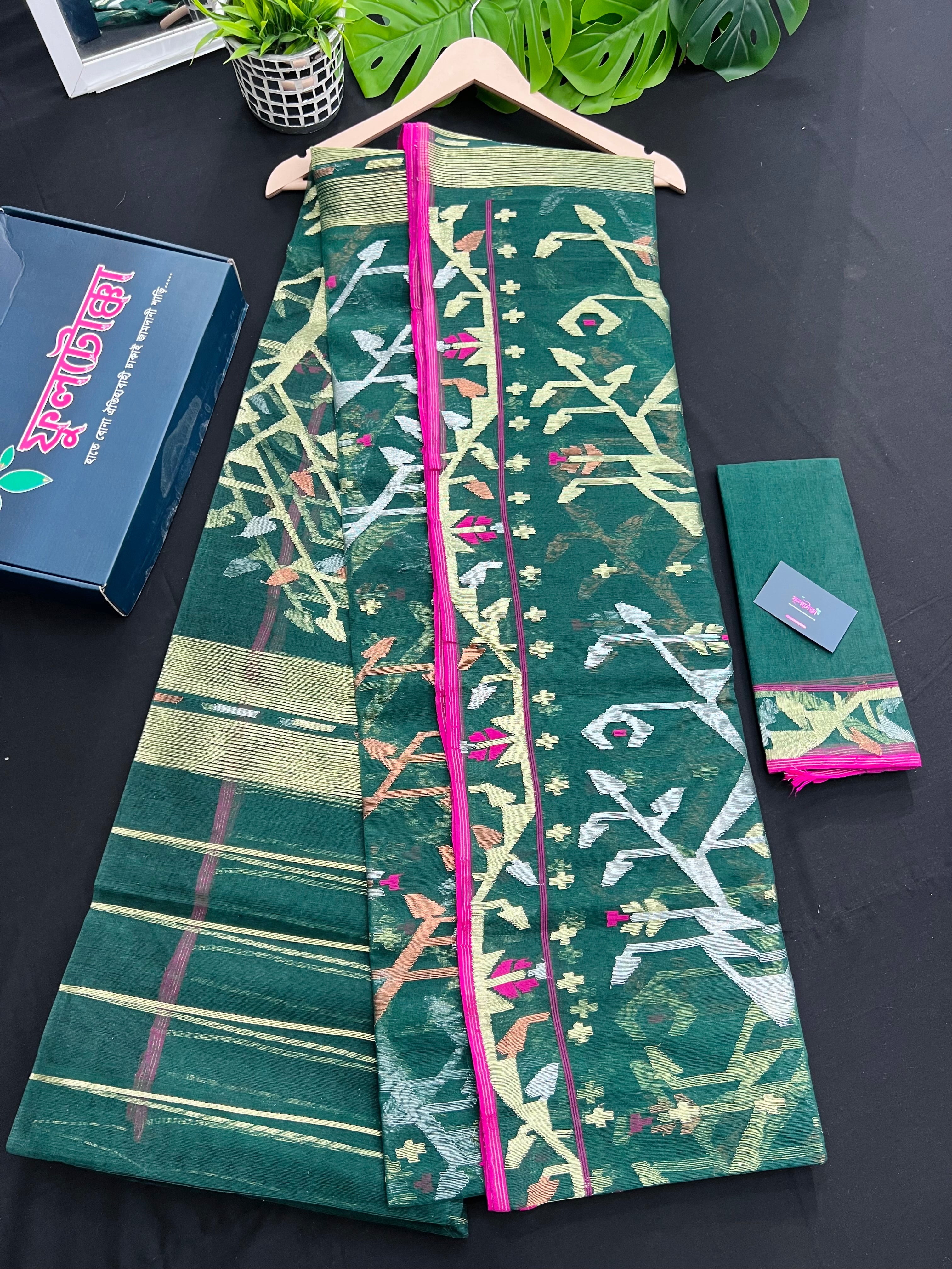 Green Colour Original Handloom Halfsilk Dhakai Jamdani With Golden Silver & Copper Jori Work