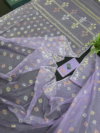 Lite lavender jamdani saree with golden silver copper jori work.