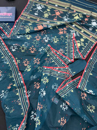 Blue Colour Original Handloom Halfsilk Dhakai Jamdani Saree With Golden Silver & Copper Jori Work