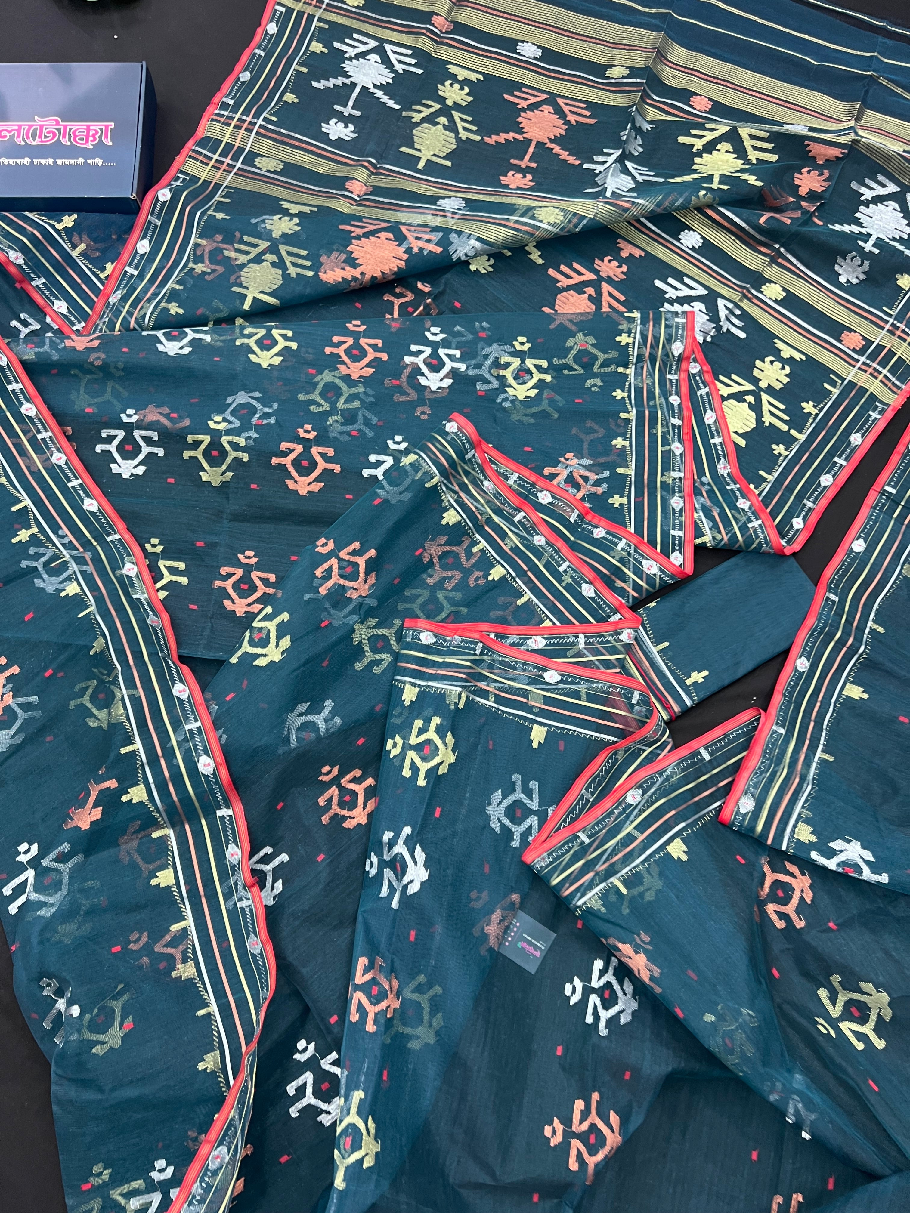 Blue Colour Original Handloom Halfsilk Dhakai Jamdani Saree With Golden Silver & Copper Jori Work
