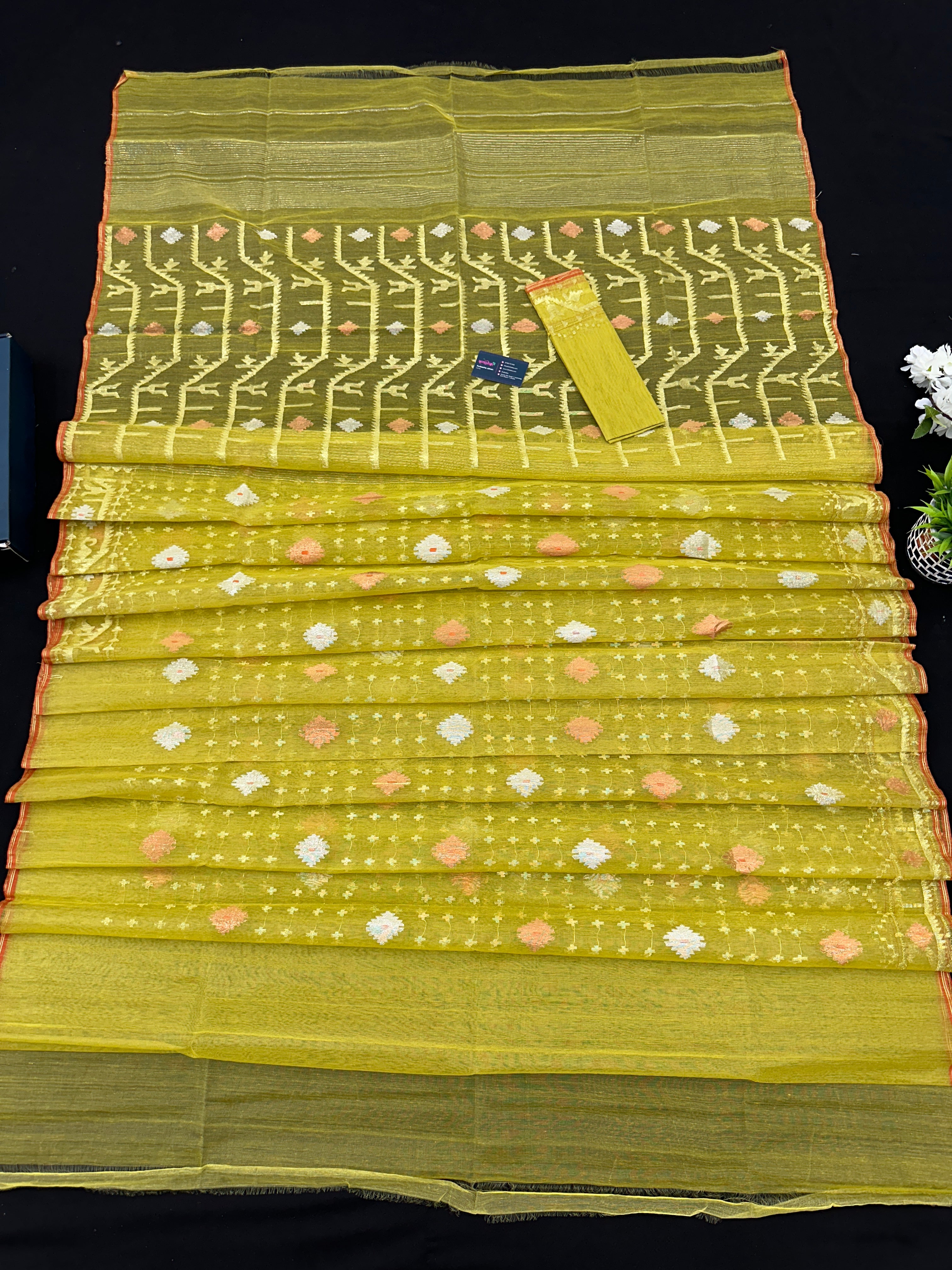 Yellowish Olive Original Handloom Halfsilk Dhakai Jamdani Saree With Golden Silver & Copper Jori Work