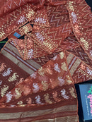 Brown reshom halfsilk jamdani saree with golden silver & copper jori work.