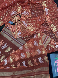 Brown reshom halfsilk jamdani saree with golden silver & copper jori work.