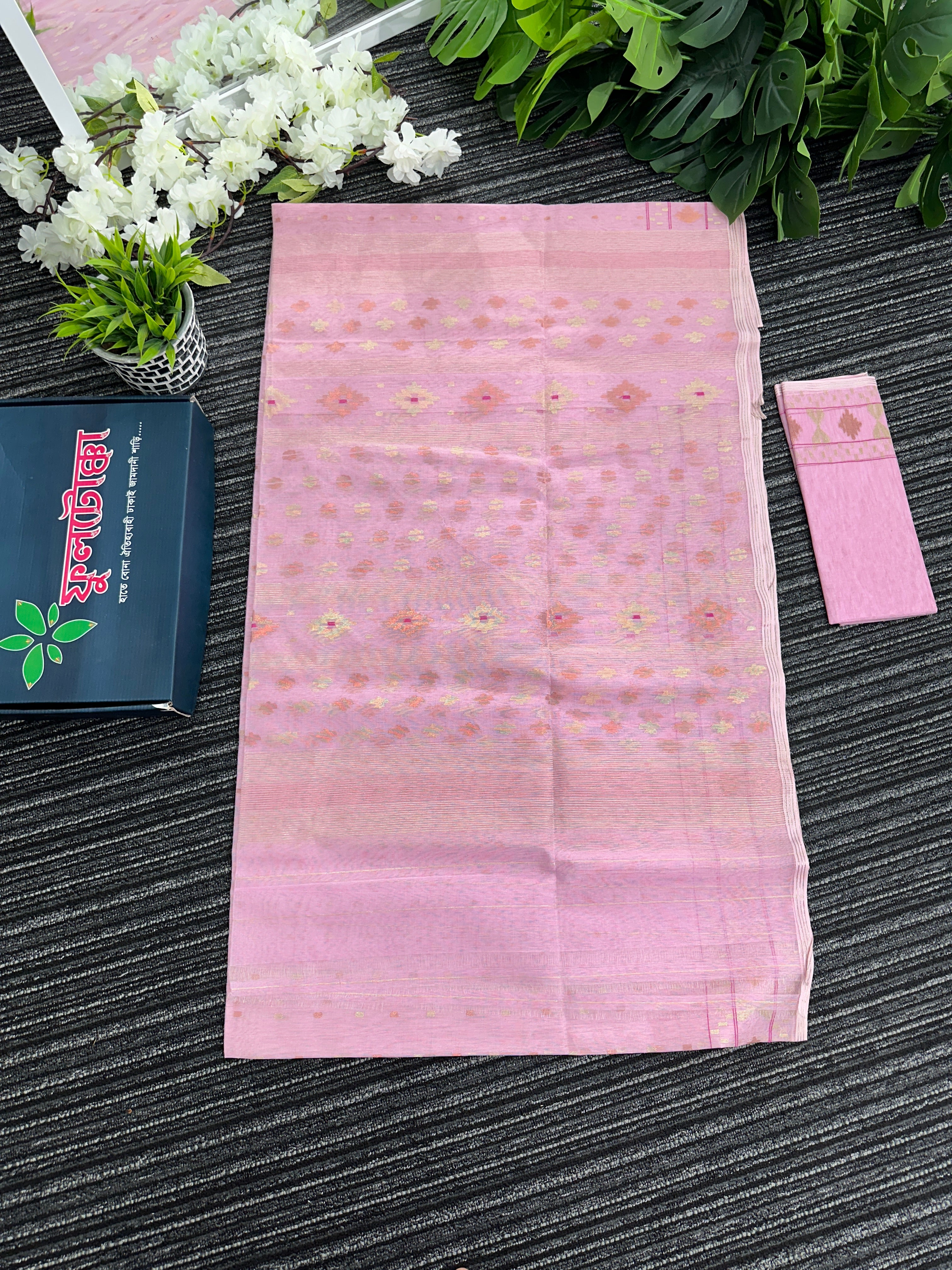 Light pink halfsilk jamdani saree with golden silver and copper jori work