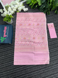 Light pink halfsilk jamdani saree with golden silver and copper jori work