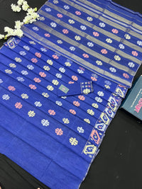 Royal Blue Original Handloom Dhakai Jamdani Saree With Golden Silver & Copeer Jori Work