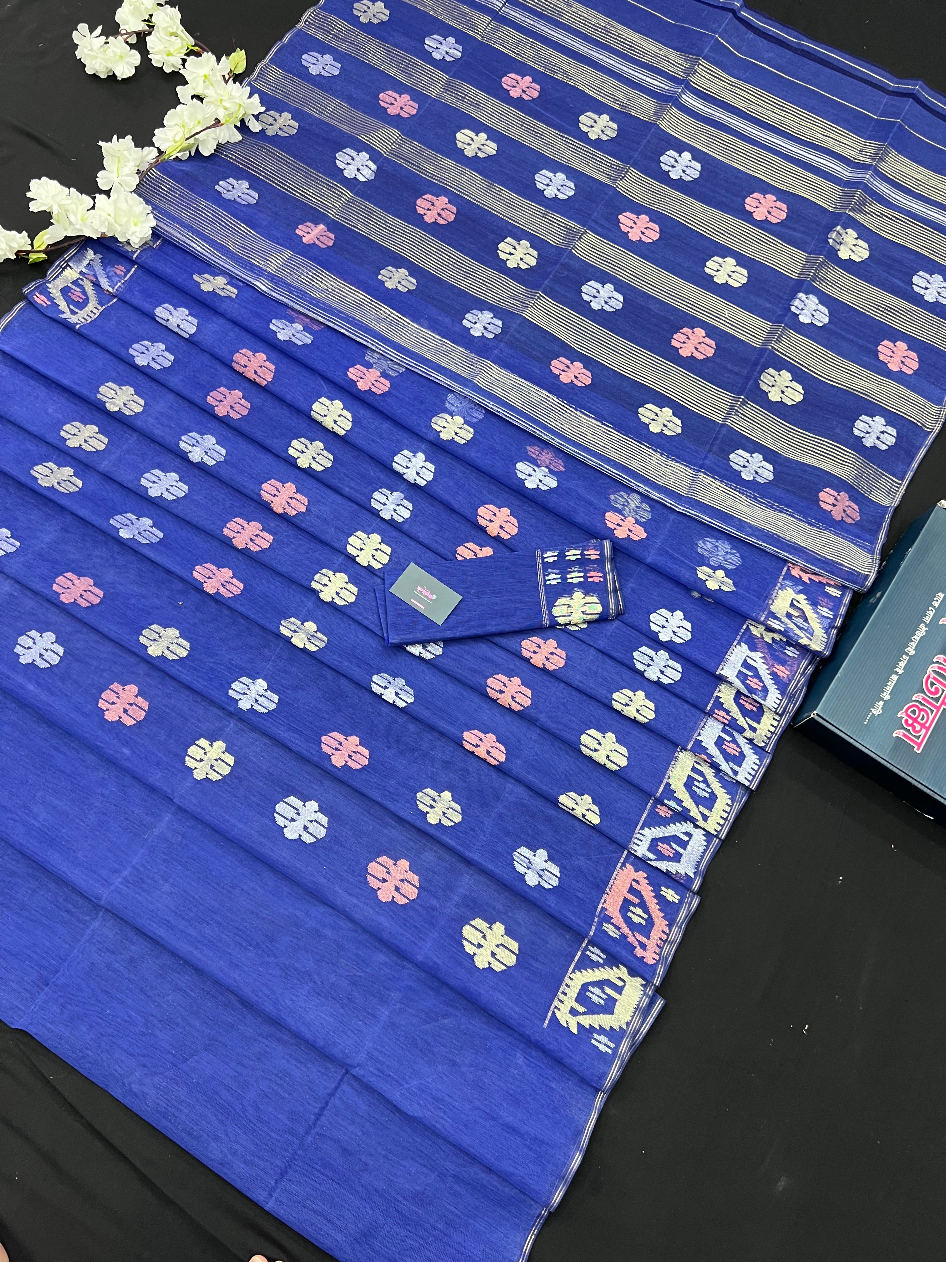 Royal Blue Original Handloom Dhakai Jamdani Saree With Golden Silver & Copeer Jori Work