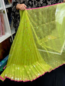 Lemon halfsilk jamdani saree with golden silver & copper jori work and pink border