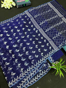 Navy blue jamdani saree with silver jori work soft threads all over work.