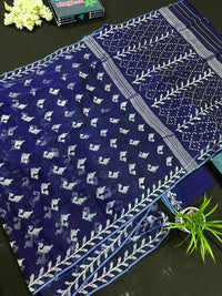 Navy blue jamdani saree with silver jori work soft threads all over work.