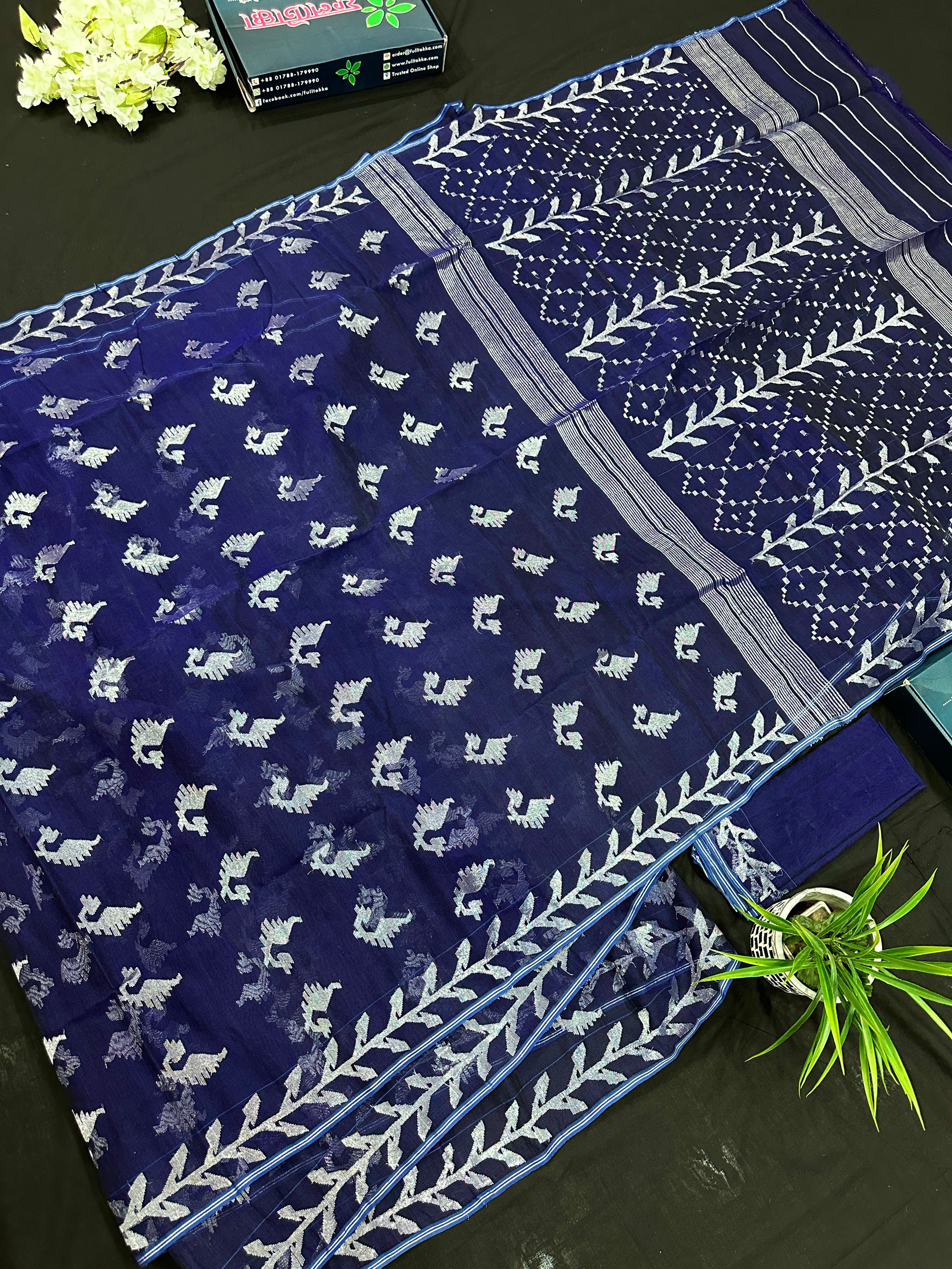 Navy blue jamdani saree with silver jori work soft threads all over work.