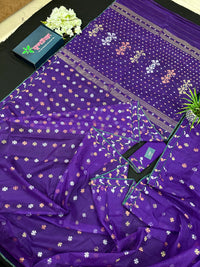 Purple halfsilk jamdani saree golden silver & copper jori work all over soft count.