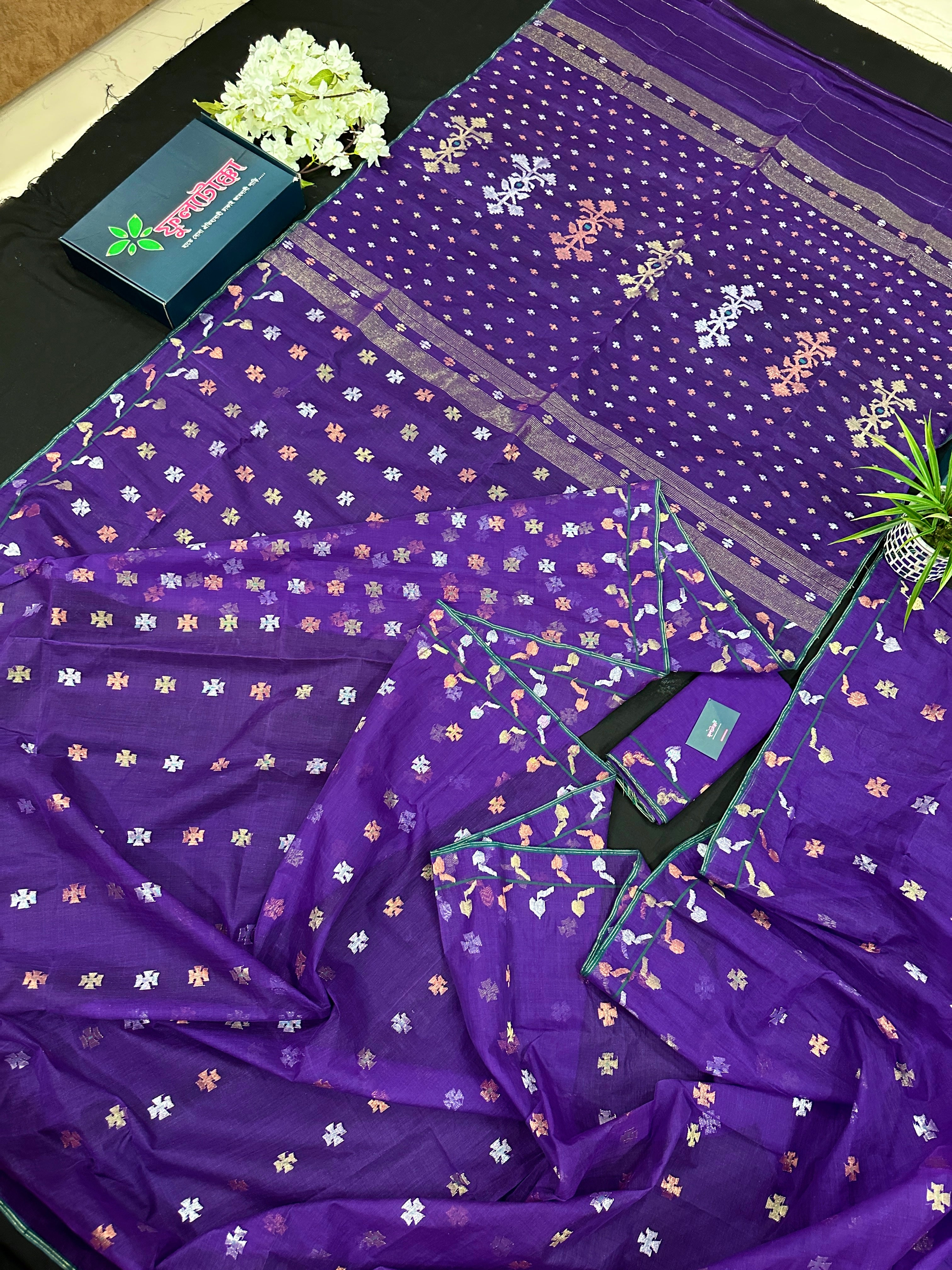 Purple halfsilk jamdani saree golden silver & copper jori work all over soft count.