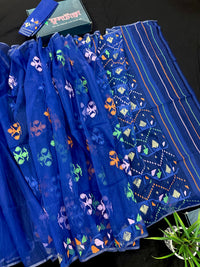 Royal blue jamdani saree with green pink blue orange threads work.