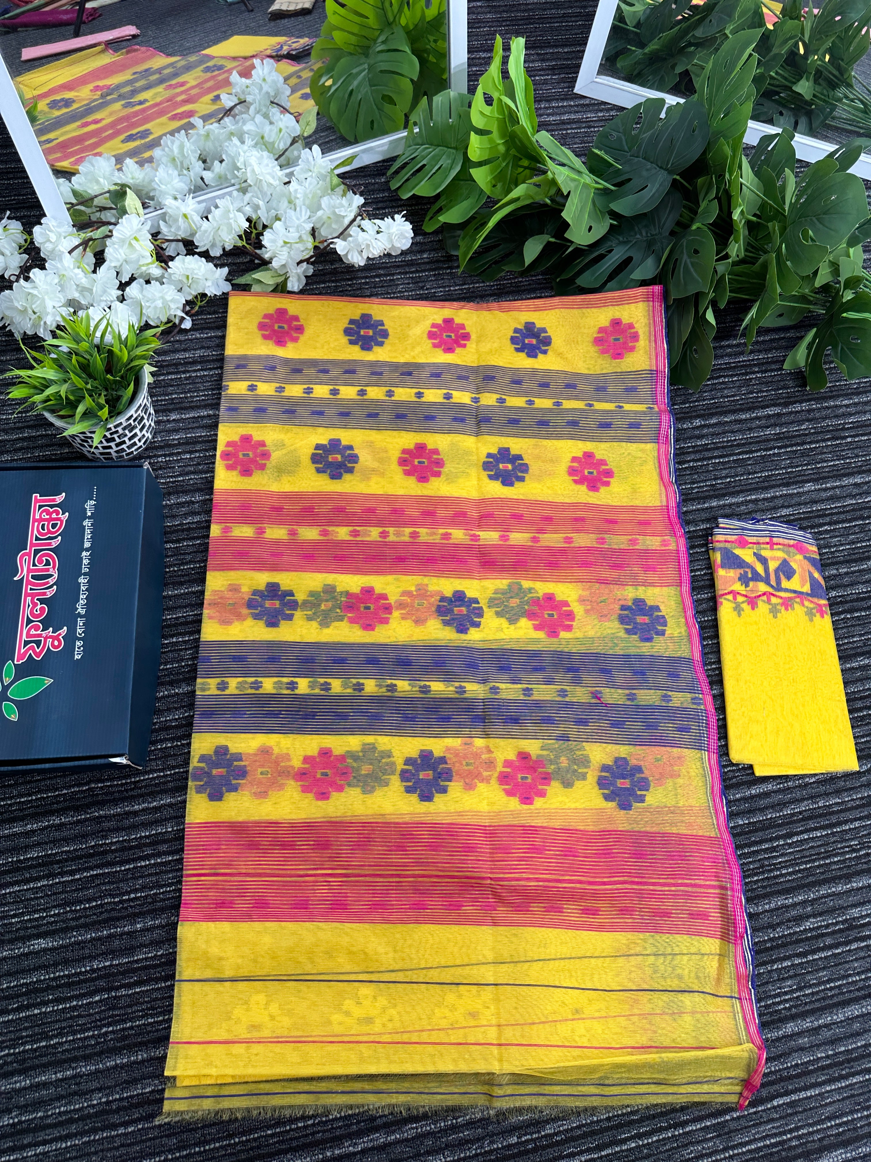 Yellow gonga jamuna design halfsilk jamdani saree with multiple colour threads work