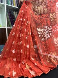 Brick colour halfsilk jamdani saree with self threads work and off white threads work
