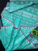 Aqua blue halfsilk handloom original dhakai jamdani saree with golden silver & copper jori work