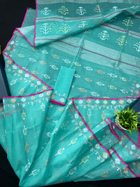 Aqua blue halfsilk handloom original dhakai jamdani saree with golden silver & copper jori work