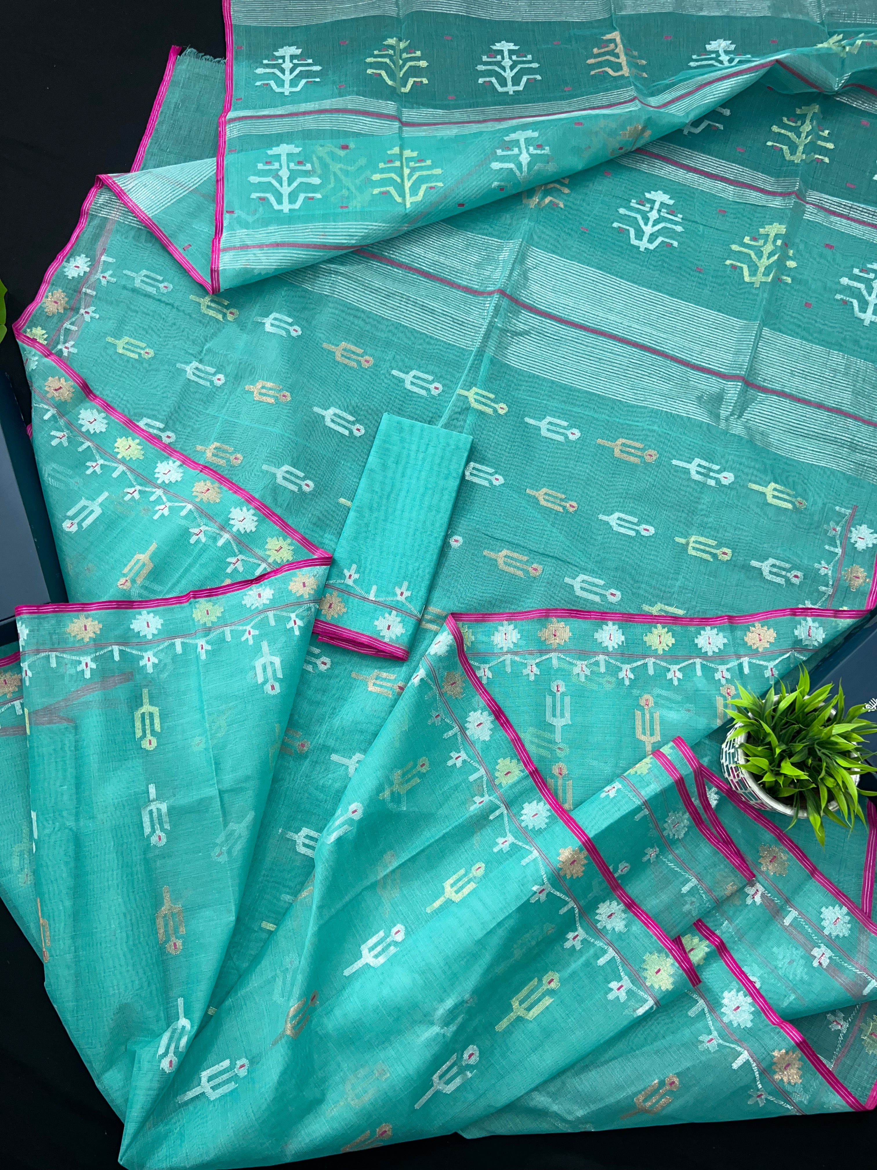 Aqua blue halfsilk handloom original dhakai jamdani saree with golden silver & copper jori work