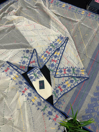 White cotton jamdani saree with blue yellow red green threads work& blouse piece.