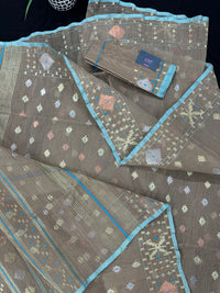 Dull Brown dhakai jamdani saree with golden silver & copper jori work all over work soft count