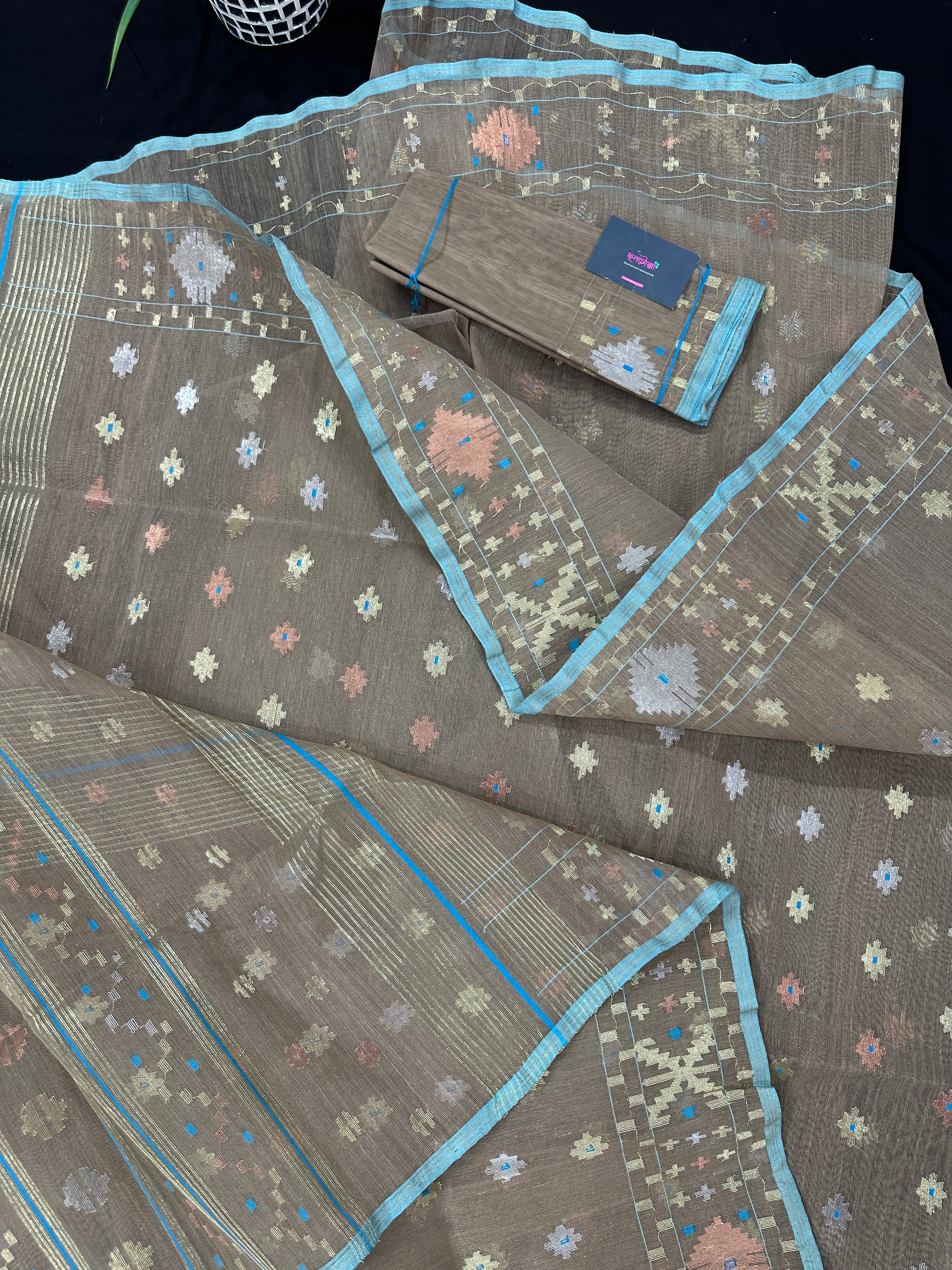 Dull Brown dhakai jamdani saree with golden silver & copper jori work all over work soft count