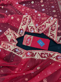 Red jamdani saree with golden jori all over work with blouse piece.