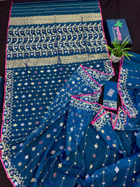 Peacock blue jamdani saree with golden silver copper jori work and pink border