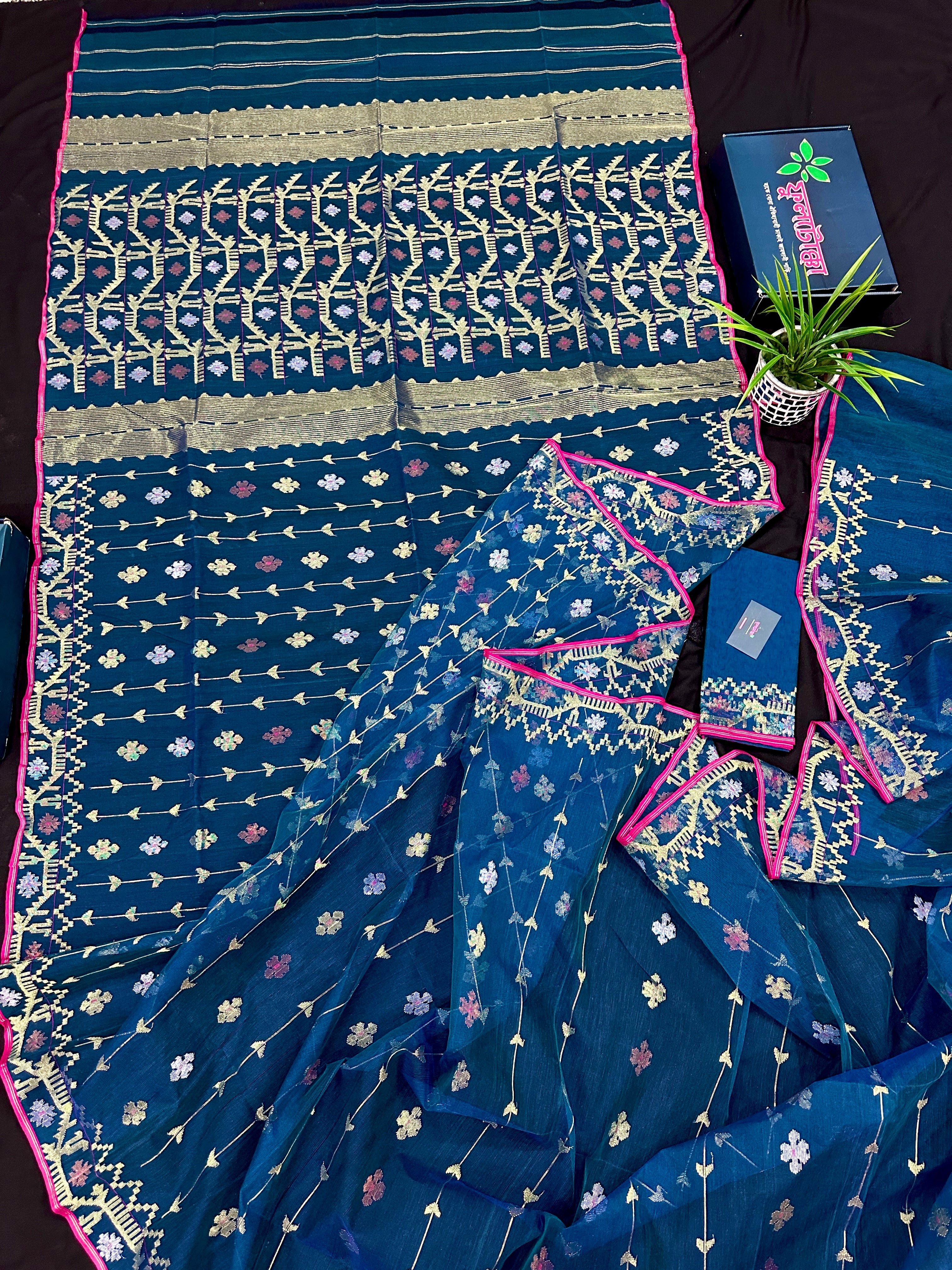 Peacock blue jamdani saree with golden silver copper jori work and pink border
