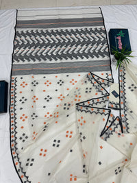 White cotton jamdani saree with orange & black threads work.