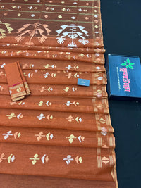 Brick orange halfsilk handloom original dhakai Jamdani saree with golden silver & copper jori work