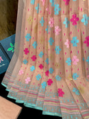 Peach colour halfsilk jamdani saree with blue pink golden magenta threads work
