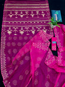 Magenta jamdani saree with golden jori work all over work and blouse piece