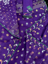 Purple halfsilk jamdani saree golden silver & copper jori work all over soft count.