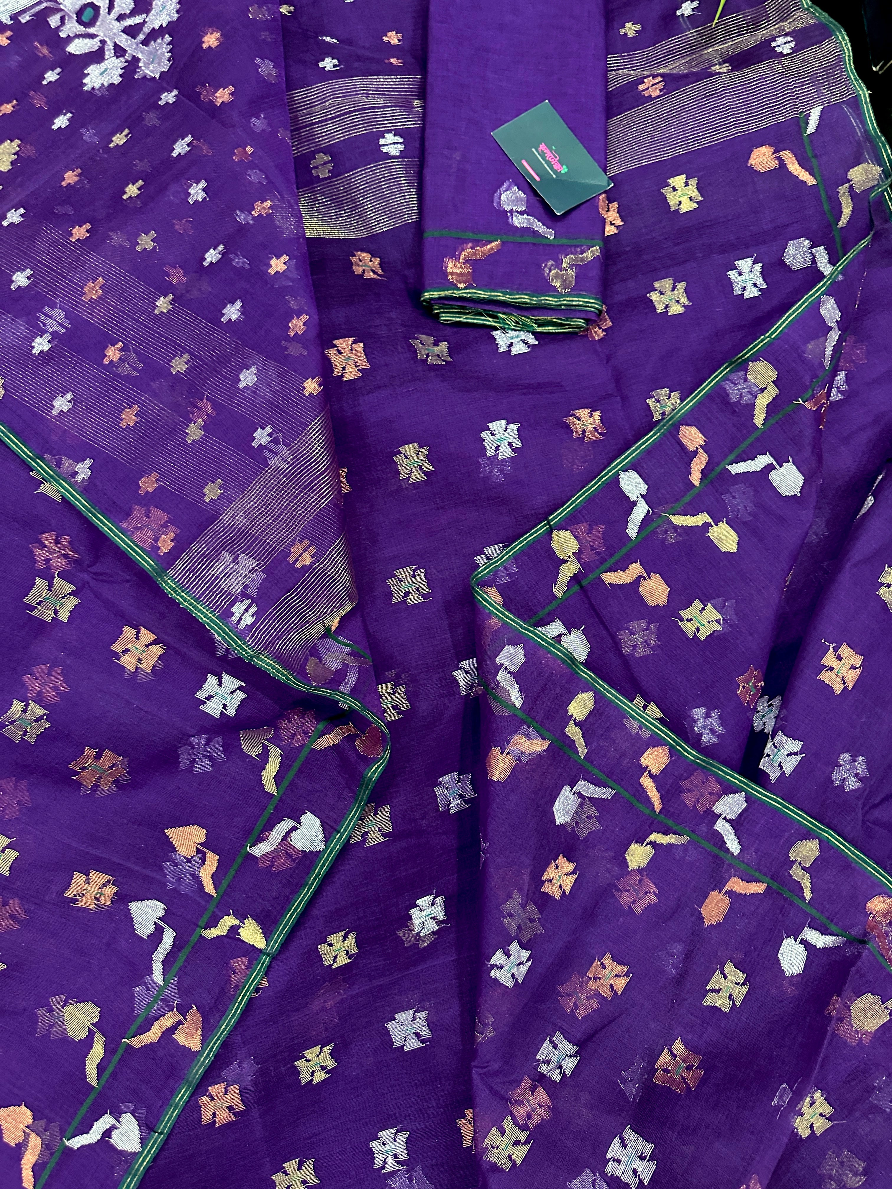 Purple halfsilk jamdani saree golden silver & copper jori work all over soft count.