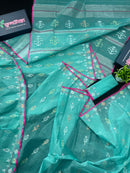 Aqua blue halfsilk handloom original dhakai jamdani saree with golden silver & copper jori work