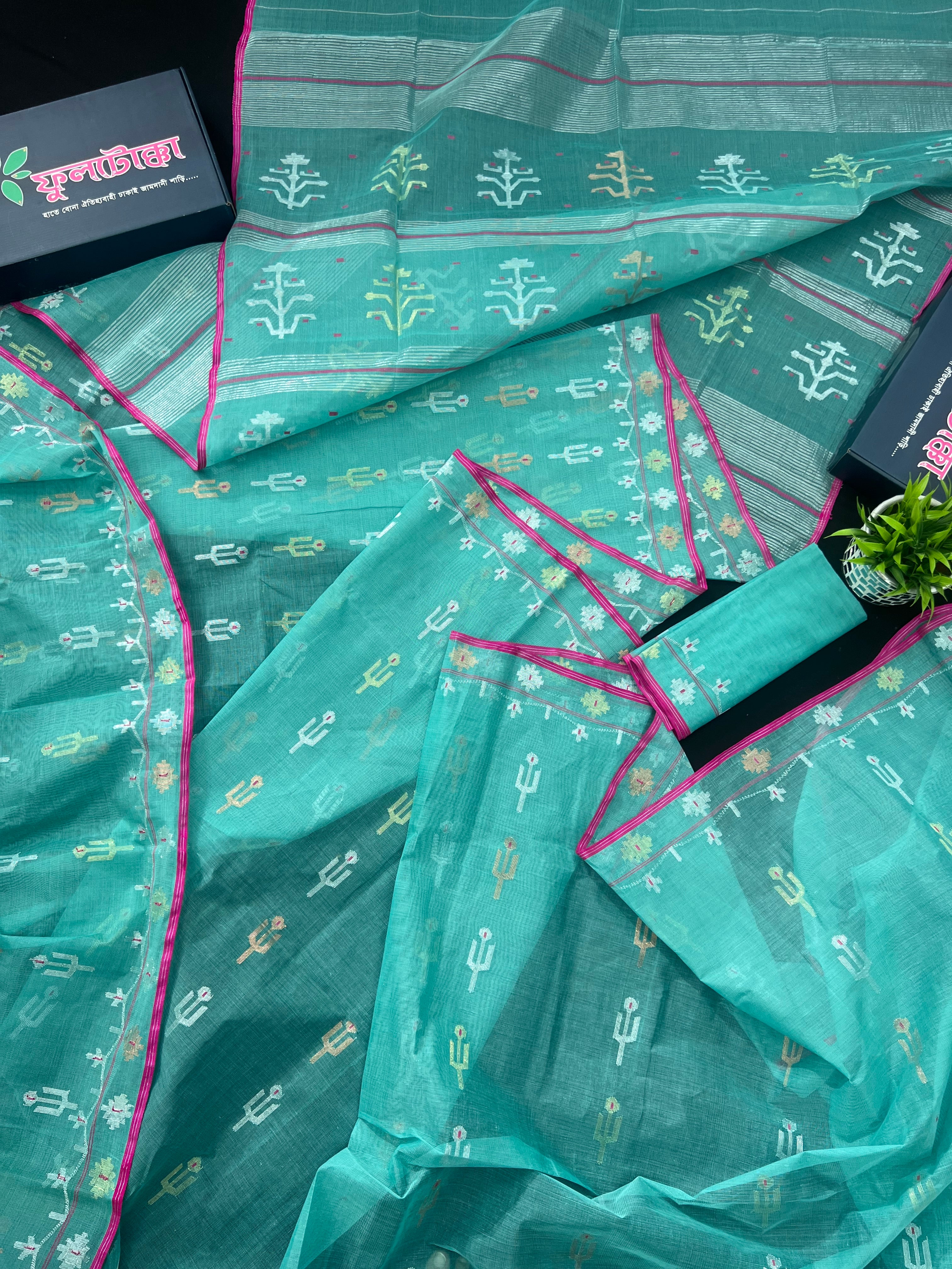 Aqua blue halfsilk handloom original dhakai jamdani saree with golden silver & copper jori work