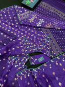 Purple halfsilk jamdani saree golden silver & copper jori work all over soft count.