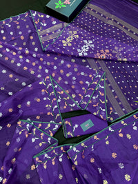 Purple halfsilk jamdani saree golden silver & copper jori work all over soft count.