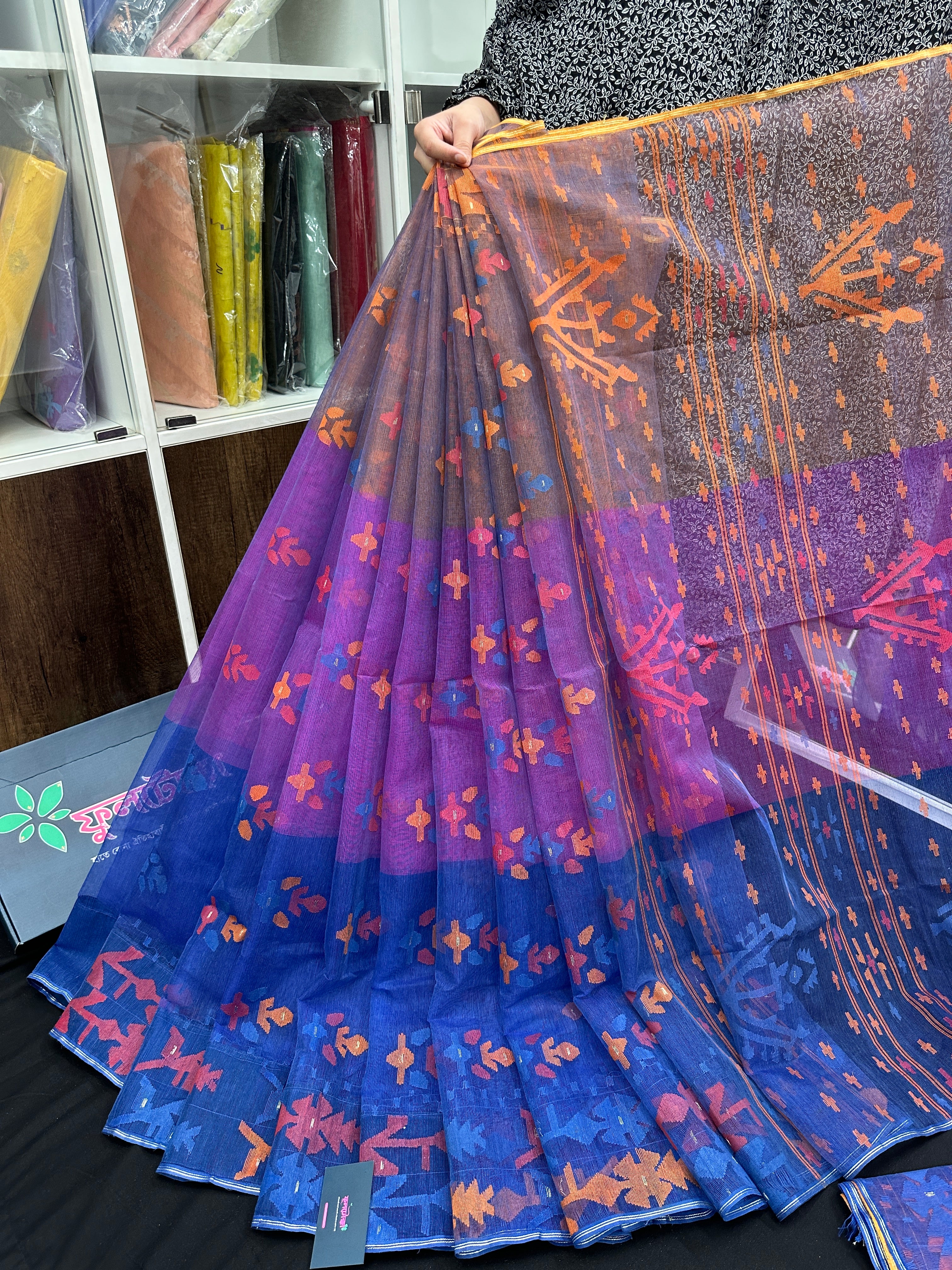 Tripple Shaded Original Handloom Halfsilk Dhakai Jamdani Saree With Multiple Threads Work