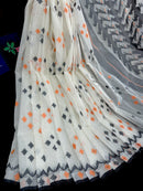 White cotton jamdani saree with orange & black threads work.