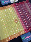 Green & Orange Colour Original Handloom Halfsilk Dhakai Jamdani With Golden Silver & Copper Jori Work