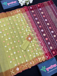 Green & Orange Colour Original Handloom Halfsilk Dhakai Jamdani With Golden Silver & Copper Jori Work