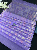 Lavender Colour Original Handloom Halfsilk Dhakai Jamdani With Golden Silver & Copper Jori Work