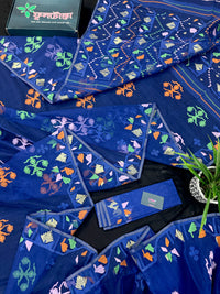Royal blue jamdani saree with green pink blue orange threads work.